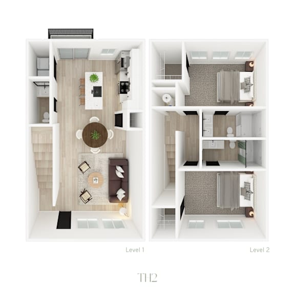 A diagram of a two-level apartment layout.