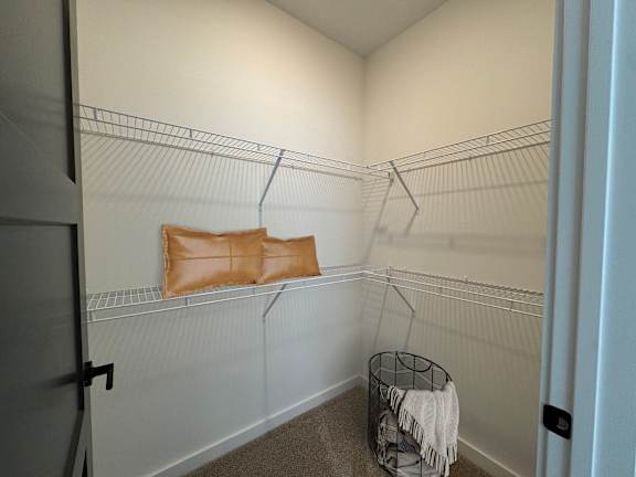 A room with a white wall and a wire shelf.