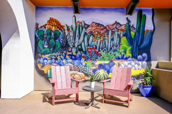 outdoor lounging area at Roosevelt Square apartments