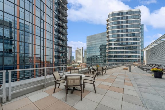 rooftop social spaces with Boston city views at Via Seaport apartments