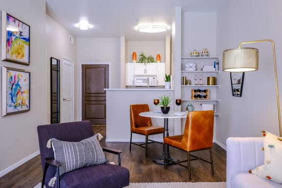 open-concept kitchen and living area at Roosevelt Square luxury apartments
