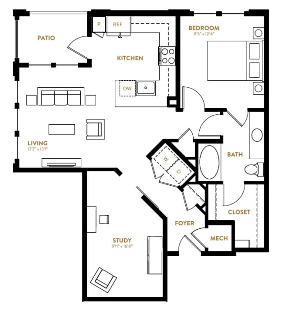 A11 One Bedroom with Study Floor Plan at Berkshire Pullman, Frisco, TX, 75034