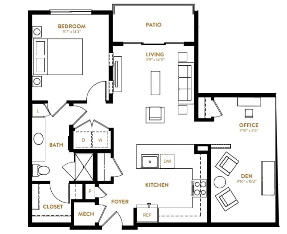 A13 One Bedroom with Study Floor Plan at Berkshire Pullman, Frisco, 75034