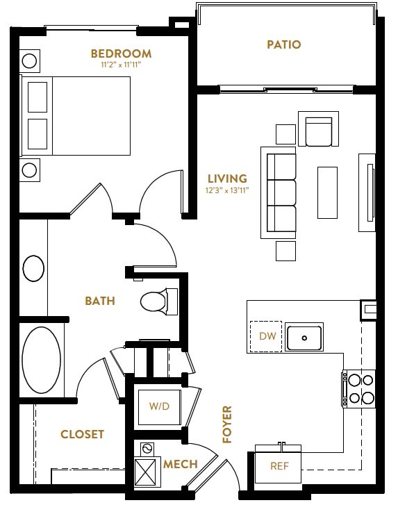A3 One Bedroom One Bath Floor Plan at Berkshire Pullman, Texas, 75034