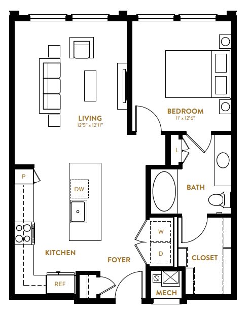 A4 One Bedroom One Bath Floor Plan at Berkshire Pullman, Frisco, TX, 75034