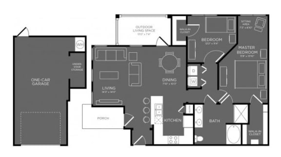 Two Bed One Bath Floor Plan at Mansions Woodland, Texas