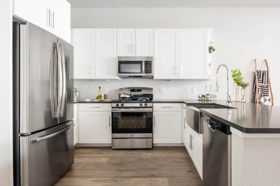 spacious kitchen with custom white cabinetry and stainless appliances at Tinsley on the Park apartments