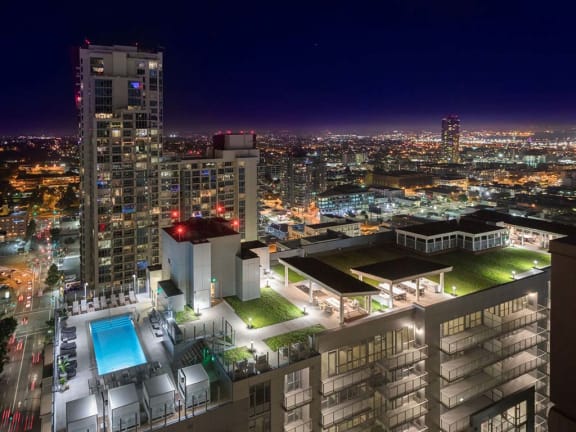 Aerial view of building at night, The Rey Apartments in San Diego