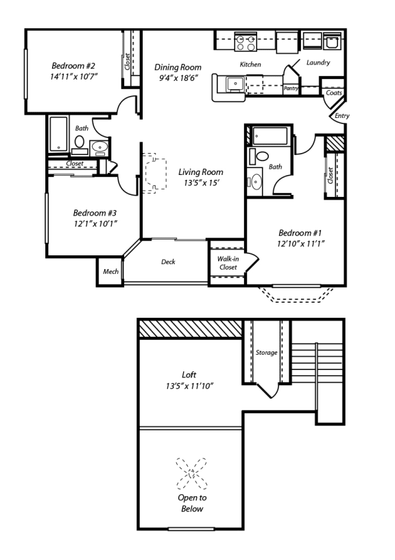 3 bedroom 2 bath Floor Plan at Ellington Metro West, Westborough, Massachusetts