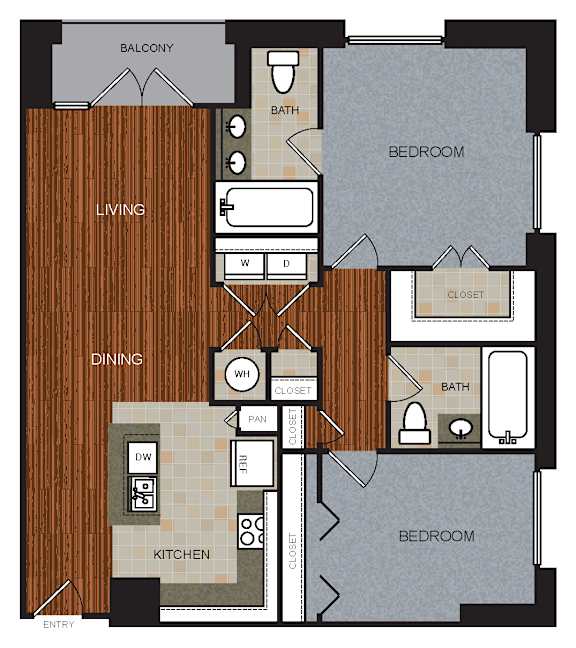 A floor plan of a house with a living room, dining room, kitchen, two bedrooms, a bathroom, and a balcony.