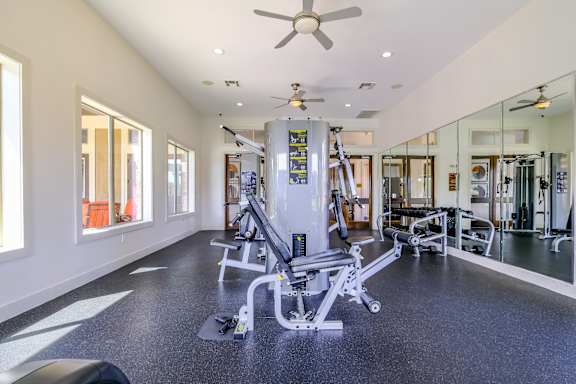 fitness center with cardio and strength training equipment at The Falls at Copper Lake apartments