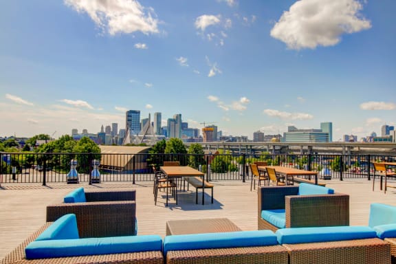 Gatehouse 75 Apartments Rooftop Terrace with Outdoor Living and Views of Boston and Bunker Hill Monument