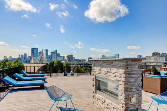 Gatehouse 75 Apartments Rooftop Terrace with Fireside Lounge,  Outdoor Living and Views of Boston and Bunker Hill Monument