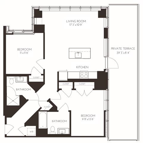 VI2E14 Floor Plan at Via Seaport Residences, Boston, 02210
