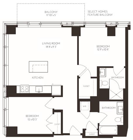 VI2H1 Floor Plan at Via Seaport Residences, Boston, MA, 02210