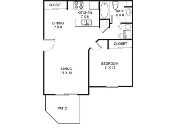 1 bedroom 1 bathroom floor plan at Bedford Commons Apartments &amp; Heathermoor Apartments, Ohio