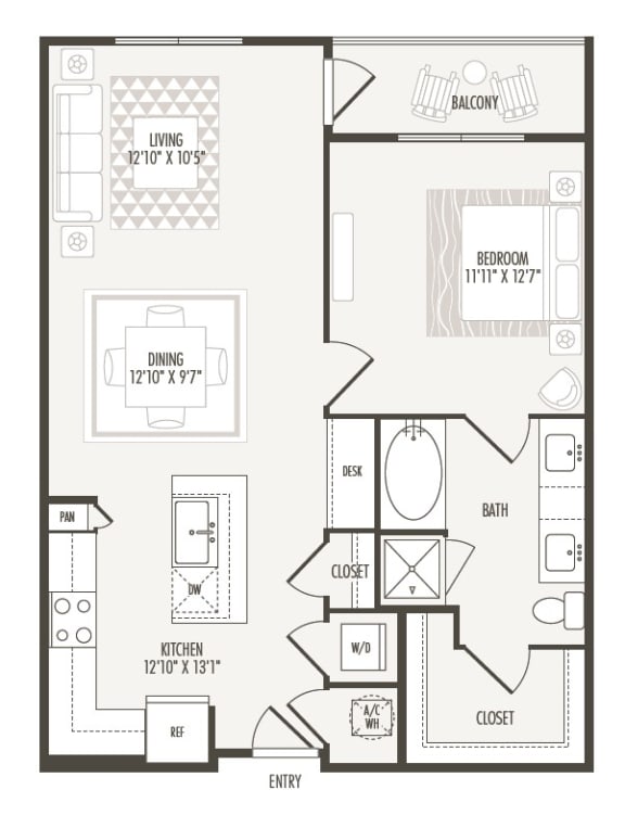 1 bedroom 1 bathroom A3 Floor Plan at Retreat at the Rim, San Antonio, TX, 78287