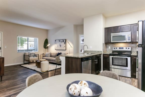 an open kitchen and living area at South Blvd apartments