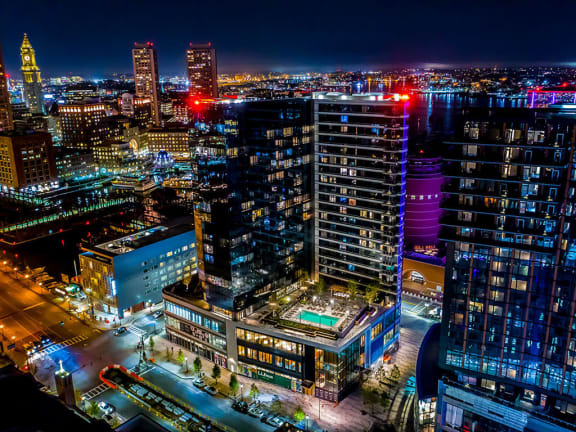 City-aerial Night view at The Benjamin Seaport Residences, Boston, Massachusetts