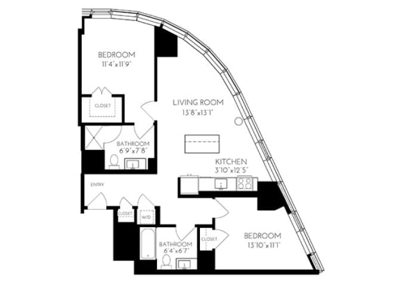 Two Bedroom Two Bathroom 2 A - 1  Floorplan at The Benjamin Seaport Residences, Boston, MA