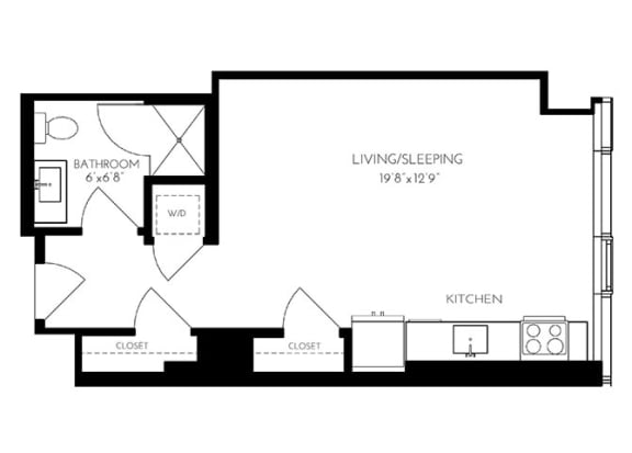 One Bathroom SA-1 Floorplan at The Benjamin Seaport Residences, Boston, 02210