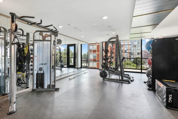 Trellis House fitness center is equipped with weights and cardio equipment and floor to ceiling windows
