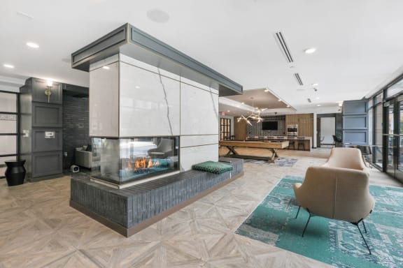 Trellis House social lounge with a fireplace