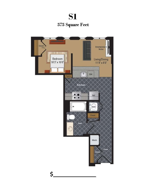 S1 Floor Plan with  575 sq ft at The Millennium, Arlington