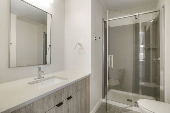 A modern bathroom with a walk-in shower and a white sink at The Avenue Lofts Golden Apartments, Golden, Colorado