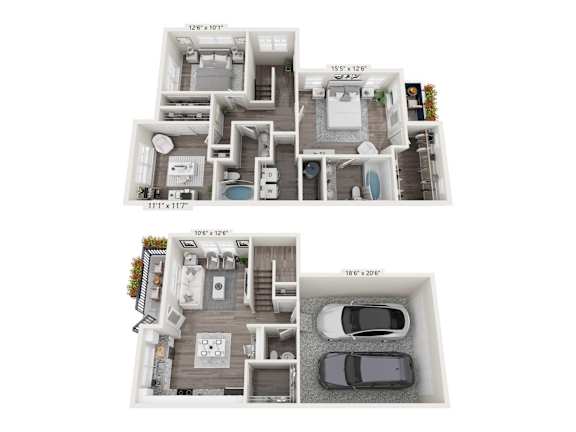 A floor plan of a two-story house with a garage.