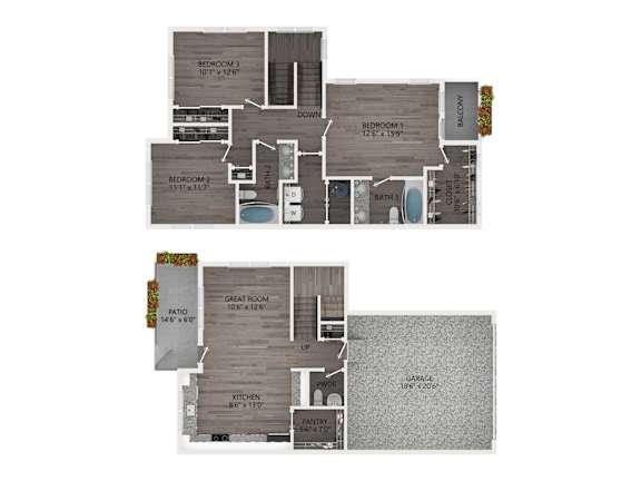 A floor plan of a house with two bedrooms, a garage, a great room, a kitchen, a pantry, and a patio.