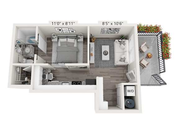 A floor plan of a small apartment with a bedroom, living room, and bathroom.