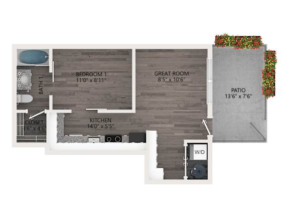 A floor plan of a house with a kitchen, bathroom, bedroom, great room and patio.