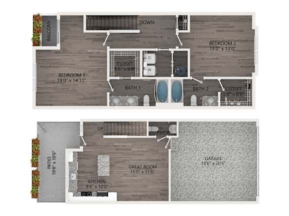 A floor plan of a house with two bedrooms, two bathrooms, a kitchen, a great room, and a garage.