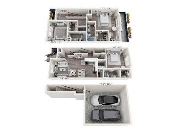 A diagram of a house layout with three bedrooms, a living room, a kitchen, and a garage.