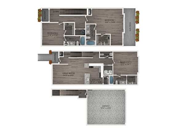 A floor plan of a house with three bedrooms and a garage.