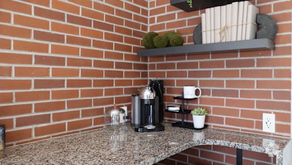A kitchen counter with a coffee maker and a plant on it.