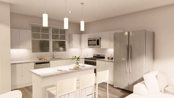 a kitchen with white cabinets and a white island with white chairs at Brownstones at Palisade Park Townhomes, Broomfield
