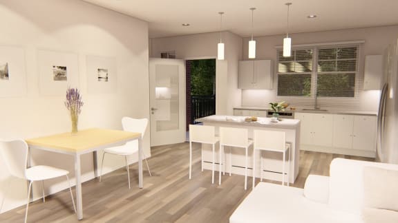 a rendering of a kitchen and dining room at Brownstones at Palisade Park Townhomes, Colorado, 80023