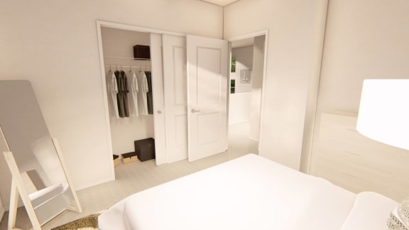 a bedroom with a bed and a wardrobe at Brownstones at Palisade Park Townhomes, Broomfield, 80023