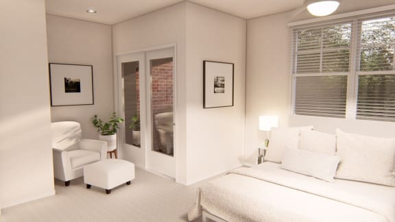 a bedroom with a bed and a chair at Brownstones at Palisade Park Townhomes, Colorado, 80023