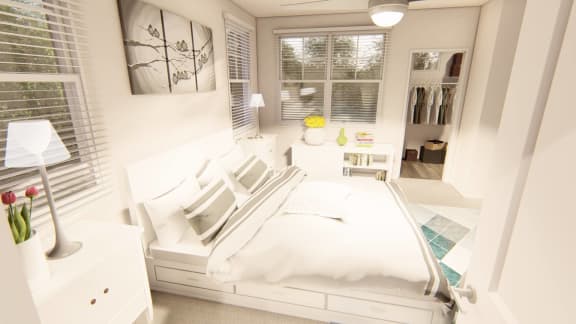 a bedroom with a bed and two windows at Brownstones at Palisade Park Townhomes, Broomfield, 80023