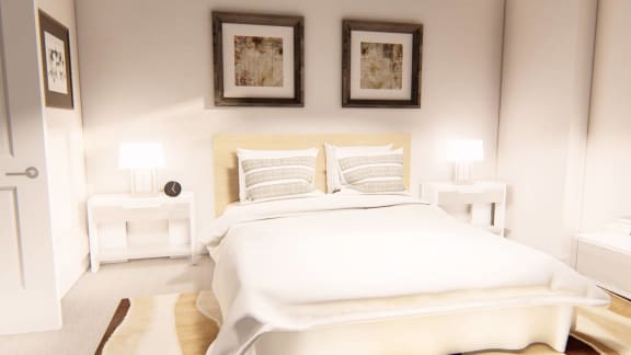 a bedroom with a bed and two night stands at Brownstones at Palisade Park Townhomes, Broomfield, 80023