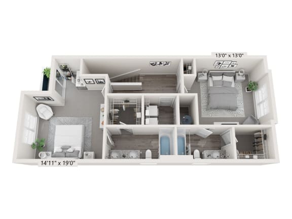 bedroom floor plan an in 3d at Brownstones at Palisade Park Townhomes, Broomfield Colorado