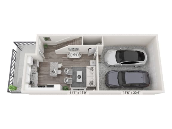 a floor plan of a small apartment with a car and a balcony at Brownstones at Palisade Park Townhomes, Broomfield