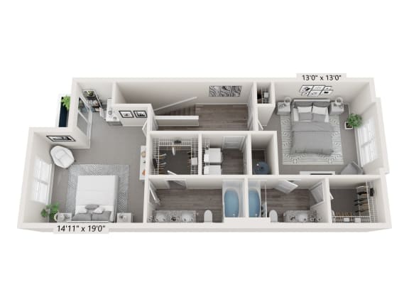 bedroom floor plan an in 3d at Brownstones at Palisade Park Townhomes, Colorado