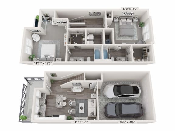 Floor Plan  a floor plan of two bedrooms with two bathrooms and a living room with a couch and a at Brownstones at Palisade Park Townhomes, Broomfield, 80023