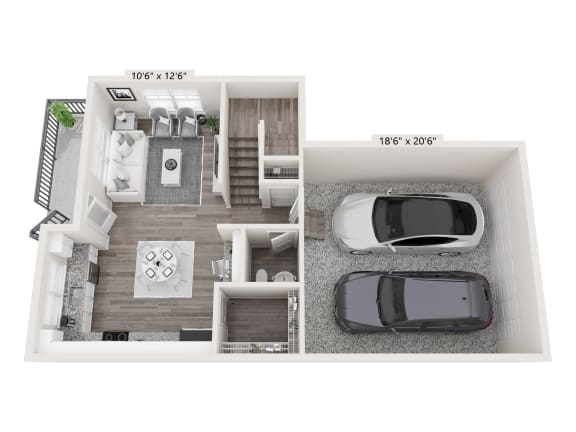 a floor plan of a one bedroom apartment with a car and a balcony at Brownstones at Palisade Park Townhomes, Broomfield, CO