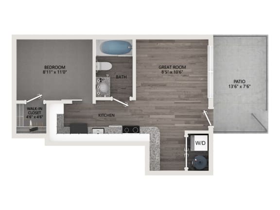 a floor plan of a studio apartment with wood paneling at Brownstones at Palisade Park Townhomes, Broomfield, 80023