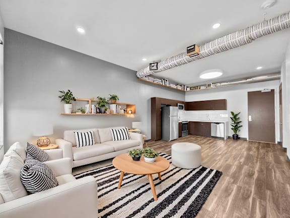 A living room with a white couch, a wooden coffee table, and a black and white striped rug.